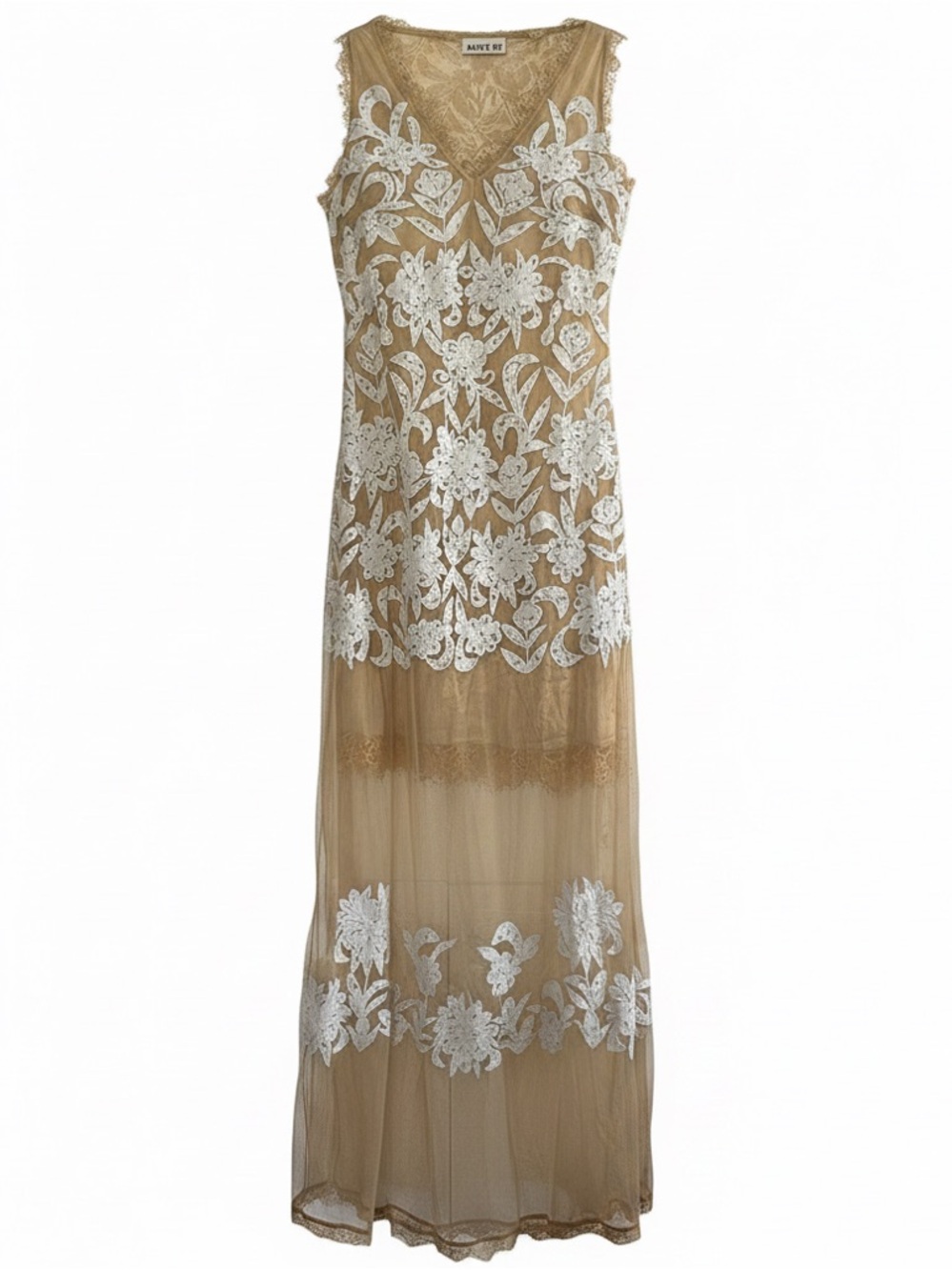 Aniye By Embroidered Lace Maxi Dress Gold Ivory Sheer Overlay Boho Romantic Sz S